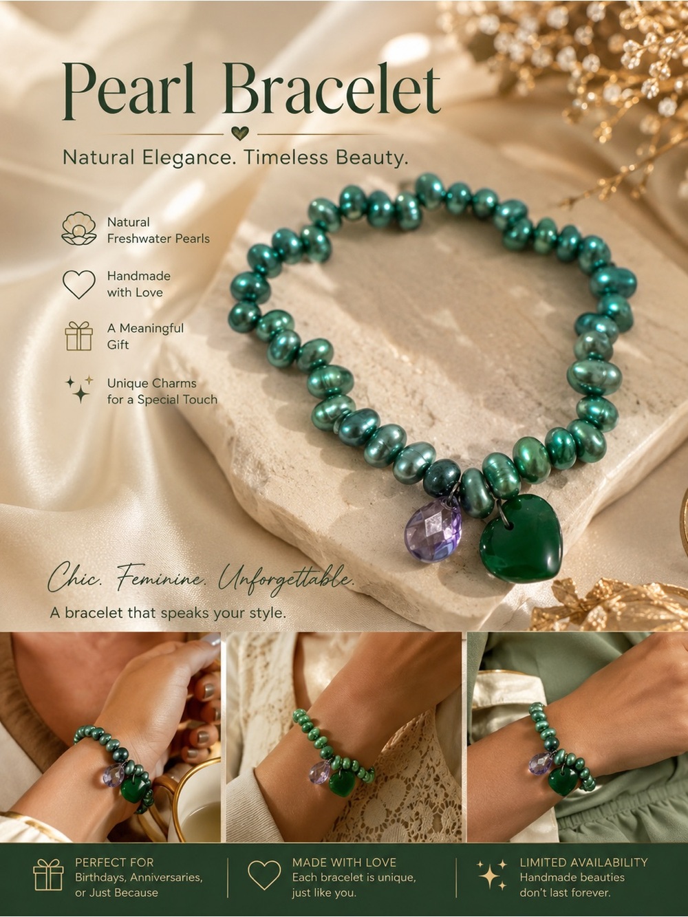 Green Pearl Bracelet with Heart & Amethyst Charm - Chic Handmade Jewelry